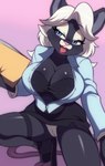 anthro big_breasts black_body black_fur bottomwear breasts camel_toe cleavage clothed clothing female fur panties shirt skirt solo topwear unbuttoned_shirt underwear unprofessional_behavior upskirt wildblur pepper_ebonson mammal mouse murid murine rodent 2022 hi_res