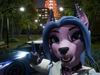 anthro bench blue_hair car choker ear_piercing facial_piercing female fur gesture hair hand_gesture japan jewelry necklace nose_piercing nose_ring outside park park_bench piercing pink_eyes purple_body purple_fur ring_piercing selfie solo street_lamp tokyo_tower v_sign vehicle hvllhnd toyota sen_(hvllhnd) canid canine canis fox hybrid mammal wolf 3d_(artwork) 4:3 digital_media_(artwork) hi_res