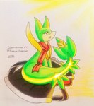 absurd_res clothing female feral generation_5_pokemon green_body hi_res ideltasarc333 leaf leaf_tail nintendo noodles_(nyxcha) pokemon pokemon_(species) red_eyes red_scarf robe scarf servine snout solo tail traditional_media_(artwork) white_body yellow_body