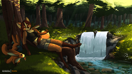 anthro backpack black_eyes blue_eyes bottomwear brown_hair clothing female feral forest fur grass hair orange_body orange_fur plant river scenery shirt shorts sleeping stealing stealing_food tank_top text topwear tree walking_stick water waterfall white_body white_fur white_hair feretta accalia_elementia canid canine fox hadanin mammal 16:9 2026 english_text hi_res widescreen