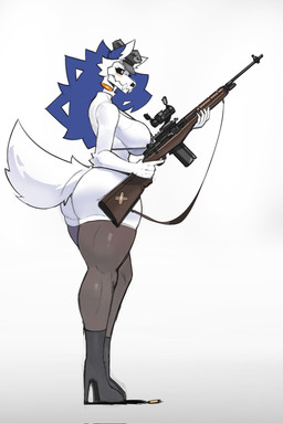 anthro big_breasts big_butt bikini black_boots black_clothing black_footwear black_sclera blue_hair blush bone boots breasts butt clothing female fluffy fluffy_tail footwear fur grey_clothing grey_legwear grey_thigh_highs gun hair high_heeled_boots high_heels holding_gun holding_object holding_ranged_weapon holding_rifle holding_weapon legwear ranged_weapon rifle shoes skull skull_head solo springfield_m1a standing swimwear tail thick_thighs thigh_highs two-piece_swimsuit weapon wearing_hat white_body white_eyes white_fur tianiseul jisoo_(tianiseul) canid canine mammal skulldog_(species) 2026 hi_res