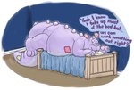 anthro bed bed_sheet bedding bedroom belly big_belly blue_bed_sheet blue_bedding blue_wall dialogue first_person_view floor furniture inside looking_at_viewer male pawpads pillow pink_ears plushie purple_body purple_eyes purple_pawpads solo tail text thick_tail white_pillow wood wood_floor monocerus fwump animate_inanimate hybrid living_plushie absurd_res english_text hi_res