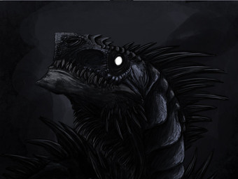 ambiguous_gender black_body black_scales close-up dark empty_eyes fangs feral glowing nightmare_fuel scales sharp_teeth side_view solo spikes spines teeth white_eyes unknown_artist dinosaur prehistoric_species reptile scalie dark_theme digital_media_(artwork) digital_painting_(artwork) headshot_portrait painting_(artwork) portrait