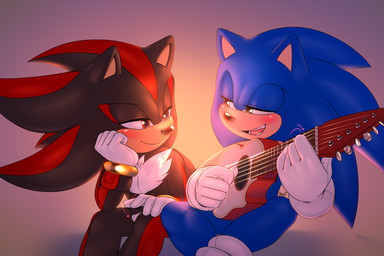 5_fingers acoustic_guitar anthro black_body blue_body blush clothing duo fingers gloves green_eyes guitar handwear heart_symbol looking_at_another male male/male multicolored_body musical_instrument open_mouth open_smile playing_guitar playing_music plucked_string_instrument red_body red_eyes romantic simple_background smile string_instrument two_tone_body krazyelf sega sonic_the_hedgehog_(series) shadow_the_hedgehog sonic_the_hedgehog eulipotyphlan hedgehog mammal 2022 3:2 hi_res