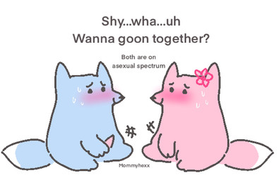 blue_body blue_fur blush bodily_fluids duo female fur genitals gooning male masturbation penis pink_body pink_fur relatable relationship sex small_penis sweat tapering_penis text what mommyhexx canid canine fox mammal english_text hi_res meme