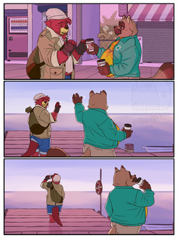 4_fingers anthro bag beanie belly beverage big_belly black_nose border bottomwear brown_body brown_fur clothed clothed_anthro clothed_male clothing coat coffee coffee_cup container cup drinking duo fingerless_gloves fingers fur gloves handwear hat headgear headwear humanoid_hands jacket male outside pier shirt shorts standing tail topwear walking white_border eclipticafusion animal_crossing nintendo pascal_(animal_crossing) tom_nook_(animal_crossing) canid canine mammal mustelid otter raccoon_dog tanuki comic hi_res