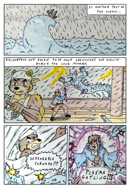 abs angry anthro attack attack_pose bandanna_on_head barazoku biceps black_nose blue_clothing blue_topwear bottomwear brown_body brown_eyes brown_fur brown_hair bulge clothed clothing comic_panel dialogue electricity fight fur genitals hair hammer headgear headwear holding_object kerchief lightning magic magic_user male male/male manly multicolored_body multicolored_fur musclegut muscular muscular_anthro muscular_male open_clothing open_shirt open_topwear overweight pecs penis purple_penis raining sea ship shirt speech_bubble spell storm tail teal_body text tools topwear underwear vehicle water watercraft wave weapon wet wet_body wet_fur white_clothing dashthefox mythology kai_(dash_fox) marteau aquatic aquatic_dragon bear dragon mammal mustelid mythological_creature mythological_scalie otter scalie absurd_res comic english_text hi_res traditional_media_(artwork)