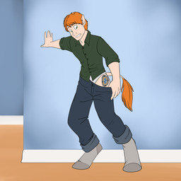 5_fingers bottomwear clothing cutie_mark elongated_ears equine_ears fingers footwear green_clothing green_eyes green_shirt green_topwear grey_clothing grey_footwear grey_socks hair hip_markings inside leg_markings male markings mid_transformation orange_hair orange_tail pants ponification shirt simple_background socks solo tail topwear transformation underwear foxenawolf hasbro my_little_pony james_carter_(swordfox) humanoid 1:1 2026 absurd_res flat_colors hi_res