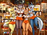 alcohol anthro beer beer_mug beverage big_breasts bottomwear breasts brown_body brown_fur cleavage clothed clothing container eyebrow_piercing facial_piercing female fingers fur group holding_object holding_tray hooters_uniform hug looking_at_viewer open_mouth orange_body orange_fur photo_background piercing shirt shorts smile standing tail text text_on_clothing text_on_shirt text_on_topwear topwear tray waiter yellow_body yellow_eyes yellow_fur taka_studio animal_crossing beastars dreamworks hooters illumination_entertainment nintendo sing_(movie) the_bad_guys diane_foxington isabelle_(animal_crossing) juno_(beastars) porsha_crystal canid canine canis domestic_dog fox mammal shih_tzu toy_dog wolf digital_media_(artwork) hi_res photography_(artwork)