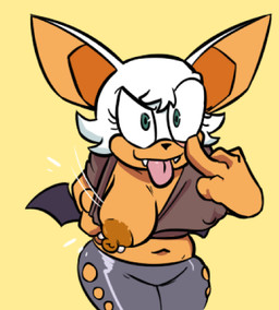 anthro big_tongue bleh breasts clothed clothing eyelid_pull eyelid_pull_taunt fangs female flashing fur gesture green_eyes hair hand_gesture looking_at_viewer making_faces middle_finger midriff mocking navel nipple_outline nipple_piercing nipples one_breast_out piercing pose simple_background smile solo tan_body tan_fur taunting teasing teeth tongue tongue_out white_hair manwithnobats sega sonic_the_hedgehog_(series) rouge_the_bat bat mammal 2018 digital_media_(artwork)