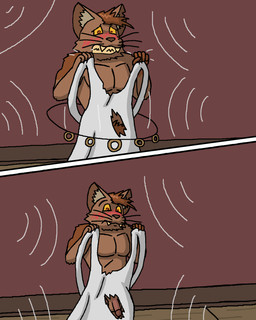 anthro balls blush clenched_teeth clothed clothing embarrassed fangs genitals jewelry male muscular necklace oversized_clothing partially_clothed pecs penis shirt shrinking shrinking_out_of_clothes size_transformation solo spiral_pupils tank_top teeth topwear torn_clothing torn_ear transformation wardrobe_malfunction whiskers myaxy domestic_cat felid feline felis mammal 4:5 absurd_res comic hi_res