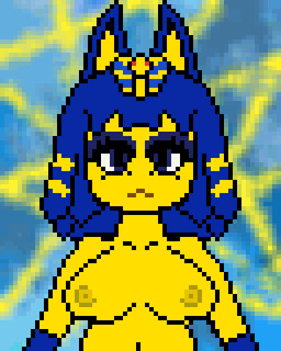 anthro bandage blue_eyes blue_hair breast_squish breasts clothing egyptian egyptian_clothing egyptian_headdress female fur hair medallion nipples nude solo squish yellow_body yellow_fur lucidnightmarezz animal_crossing nintendo ankha_(animal_crossing) domestic_cat felid feline felis mammal 4:5 animated animated_gif low_res short_playtime
