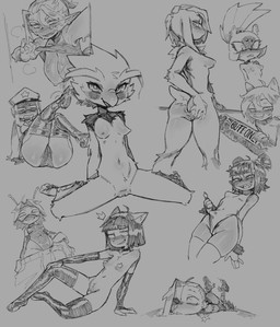 2_horns 5_fingers antennae_(anatomy) anthro anus armwear bangs beak big_breasts black_armwear black_clothing black_elbow_gloves black_gloves black_hair black_handwear black_legwear black_thigh_highs bodily_fluids breasts butt clothed clothing clothing_lift ear_piercing elbow_gloves eyebrows eyelashes feather_hair feathers female fingers genitals gloves grey_background hair handwear head_horn horn humanoid_pointy_ears legwear leotard looking_at_viewer looking_back mask medium_breasts musk musk_cloud navel nipples non-mammal_breasts non-mammal_navel non-mammal_nipples non-mammal_vulva open_beak open_mouth pasties piercing pointy_ears police police_hat pseudo_hair sharp_teeth shirt shirt_lift short_hair simple_background small_breasts smile spread_legs spreading sweat sweaty_breasts tail teeth thick_eyebrows thigh_highs topwear vulva wearing_mask beamerbruh idw_publishing sega sonic_the_hedgehog_(comics) sonic_the_hedgehog_(idw) sonic_the_hedgehog_(series) mephia_(colo) phoebe_(narley) surge_the_tenrec afrosoricid domestic_cat felid feline felis mammal tenrec 2026 absurd_res digital_drawing_(artwork) digital_media_(artwork) hi_res monochrome sketch_page