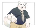 anthro blush bottomwear clothing eyes_closed humanoid_hands kemono male necktie overweight overweight_male pants shirt solo topwear inunoshippo canid canine canis domestic_dog mammal 2023 hi_res