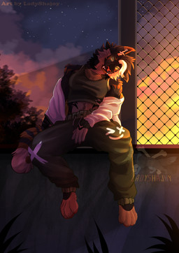 anthro bottomwear clothing ear_piercing ear_ring female inner_ear_fluff looking_at_viewer pants piercing ring_piercing shirt sitting sky solo sunset tank_top topwear tuft ladyshajoy felid mammal pantherine tiger absurd_res hi_res