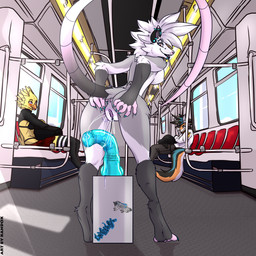 5_fingers ambiguous_fluids animal_dildo animal_sex_toy anthro anus black_body black_fur blue_claws blue_dildo bodily_fluids breasts bridge_piercing butt claws clitoris clitoris_piercing clitoris_ring clothed clothing crosswise_nipple_piercing dildo ear_piercing ear_ring equine_dildo exhibitionism eyebrow_piercing facial_piercing feathers female fingers fur genital_fluids genital_piercing genitals grey_body grey_fur group industrial_piercing inside_train lip_piercing male masturbation multicolored_body multicolored_fur multicolored_tail nipple_piercing nipples nose_piercing nude orange_body orange_fur piercing public public_masturbation public_nudity public_transportation ring_piercing sex_toy tail train trio vaginal_fluids vehicle vulva vulva_piercing vulva_ring white_body white_fur kandox_tekzer heather_(kandox_tekzer) american_opossum avian bird canid canine canis chicken fox galliform mammal marsupial phasianid 1:1 hi_res