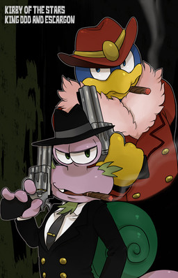 accessory anthro beak blue_body blue_eyes blue_feathers cigar clothed clothing facial_hair feathers goatee green_eyes green_shell gun hat headgear headwear looking_at_viewer male mature_anthro mature_male necktie purple_body ranged_weapon shell smoking smoking_cigar text weapon yellow_beak 2bori1 kirby:_right_back_at_ya! kirby_(series) nintendo escargoon king_dedede avian bird gastropod mollusk penguin snail 2011 9:14 english_text japanese_description