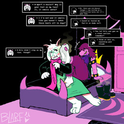 3_toes 5_toes anthro barefoot bed bedroom blush blush_stickers boots_removed claws clothing dialogue dialogue_box duo feet female foot_fetish foot_focus footwear forniphilia furniture hole_in_socks humanoid_feet living_footstool male male/female musk on_bed plantigrade shoes_removed sitting sitting_on_bed smelly smelly_feet smelly_shoes smile smirk socks soles stink_fumes text text_box toe_claws toes torn_clothing torn_footwear torn_socks yellow_toe_claws blarf022 deltarune undertale_(series) ralsei susie_(deltarune) bovid caprine darkner dinosaur goat mammal prehistoric_species reptile scalie 1:1 2025 absurd_res english_text hi_res