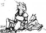 anthro armor duo female horn reading sitting size_difference young young_anthro anonymous_artist dungeons_and_dragons hasbro wizards_of_the_coast dragonborn_(dnd) kobold reptile scalie together_(disambiguation) monochrome signature