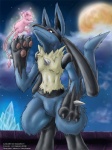 ambiguous_gender anthro aura blue_body blue_fur cloud duo eyes_closed fur moon night open_mouth outside pawpads paws pink_body pink_fur raised_tail red_eyes size_difference tail dreke sakura11 nintendo pokemon canid canine generation_1_pokemon generation_4_pokemon legendary_pokemon lucario mammal mew_(pokemon) pokemon_(species) artist_collaboration