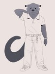 anthro athletic athletic_anthro athletic_male biped black_eyes clothing fur grey_body grey_fur looking_at_viewer male shirt solo standing topwear white_clothing white_shirt white_topwear evamuvon binturong mammal viverrid 2024 hi_res