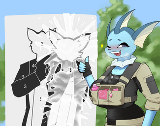 5_fingers after_masturbation anthro autotitfuck big_penis blue_body blue_eyes blush bodily_fluids breast_play breasts breath bulge clothed clothing condom cum cum_on_clothing erection fingerless_gloves fingers genital_fluids genitals gesture gloves gynomorph hand_gesture handwear huge_penis intersex looking_at_viewer masturbation one_eye_closed open_mouth penile penile_masturbation penis sex_toy sexual_barrier_device smile solo target target_practice teeth thumbs_up vibrator wink winking_at_viewer i3i2455_ivi394 nintendo pokemon eeveelution generation_1_pokemon pokemon_(species) vaporeon 2026 absurd_res hi_res