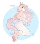 anthro blue_eyes blue_hair brown_hair butt clothed clothing femboy hair heart_symbol long_hair looking_at_viewer looking_back male pink_clothing pink_underwear purple_hair side_view simple_background solo tan_body text topless underwear apple-faced equid equine horse mammal 2020 digital_media_(artwork) english_text full-length_portrait hi_res portrait signature