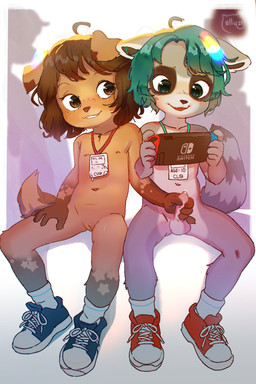 5_fingers anthro anthro_on_anthro balls bodily_fluids brown_hair clothing duo duo_focus erection female fingers flat_chested footwear footwear_only foreskin fur genital_fluids genitals green_hair grin group hair handjob humanoid_genitalia humanoid_penis interspecies male male/female mostly_nude navel nipples nude open_mouth penile penis precum sex shoes shoes_only smile socks stated_age stated_young tail vulva young young_anthro young_female young_male young_on_young elly_(artist) cub_con nintendo nintendo_switch sundae_(kei) canid canine canis domestic_dog mammal procyonid raccoon hi_res
