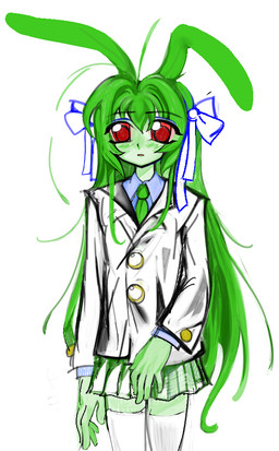 2000s_anime_style anime_style bangs blush clothed clothing female hair kemono looking_at_viewer red_eyes simple_background solo yogurt200 rgb_paw rua_(rgb_paw) animal_humanoid deity humanoid lagomorph lagomorph_humanoid leporid_humanoid mammal mammal_humanoid megamaiden rabbit_humanoid digital_media_(artwork)