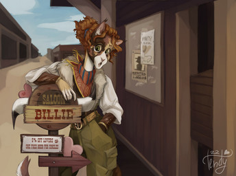 anthro calico_pattern corkboard door female green_eyes hair kerchief neckerchief neckwear old_west orange_hair saloon saloon_doors solo surprised wild_west ttendy tendy calico_cat domestic_cat felid feline felis mammal