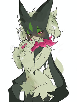 anthro blush eyelashes female female_anthro green_body looking_at_viewer navel nervous red_eyes solo suzukidrawsz nintendo pokemon felid generation_9_pokemon mammal meowscarada pokemon_(species) absurd_res hi_res