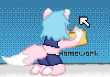 anthro blue_background blue_eyes blue_hair clothed clothing computer computer_mouse computer_screen deleting electronics female file flush flush_vore flushing_toilet folder frown fur hair loading loading_spinner pink_body pink_fur recycling_bin simple_background smile solo tail text toilet water worried worried_face worried_look flushmutt canid canine mammal animated digital_media_(artwork) pixel_(artwork) pixel_animation short_playtime sound video