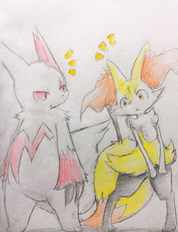 :o ambiguous_anthro ambiguous_gender anthro big_tail biped digitigrade dipstick_tail duo emanata featureless_chest featureless_crotch flat_chested front_view knock-kneed looking_at_tail markings object_in_tail open_mouth simple_background standing stick stick_in_tail tail tail_markings tails_touching eiroru nintendo pokemon braixen canid generation_3_pokemon generation_6_pokemon mammal pokemon_(species) zangoose 2018 colored_pencil_(artwork) colored_sketch full-length_portrait graphite_(artwork) hi_res portrait sketch traditional_media_(artwork)