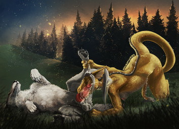 all_fours animal_genitalia animal_penis anthro anthro_on_feral balls belly bestiality black_nose black_pawpads blurred_foreground bodily_fluids breasts canine_genitalia canine_penis cum cum_drip cum_on_balls cum_spurt detailed_background dominant dominant_female dripping duo dust ear_frill ejaculation evening eyes_closed fellatio female female_on_feral feral forest forest_background forked_tongue frill_(anatomy) fur genital_fluids genitals grass grey_balls grey_body grey_fur hair knot leg_grab licking lying male male/female male_on_anthro multicolored_body multicolored_fur nature nature_background nipple_piercing nipples on_back open_mouth oral outside pawpads penile penis penis_lick piercing plant red_eyes scales sex sky spikes spikes_(anatomy) sunset tail tail_tuft teeth tongue tongue_out tongue_wrapped_around_penis tree tuft two_tone_body two_tone_fur white_belly white_body white_fur white_hair yellow_body yellow_scales venlightchaser mythology canid canine canis dragon mammal mythological_creature mythological_scalie scalie wolf 2021