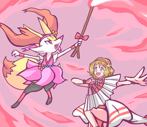 ambiguous_anthro ambiguous_gender anthro biped blush clothed clothed_ambiguous clothed_anthro clothed_female clothed_human clothing cute_fangs digitigrade dipstick_tail duo elemental_manipulation fangs female female_human fire fire_manipulation holding_object holding_stick markings midair on_one_leg open_mouth open_smile side_view simple_background smile snout standing stick tail tail_markings teeth tongue gd-058 nintendo pokemon serena_(pokemon) braixen canid generation_6_pokemon human mammal pokemon_(species) 2020 aliasing binary_drawing description_request digital_drawing_(artwork) digital_media_(artwork) hi_res japanese_description female_(lore)