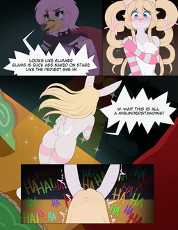anthro armwear blonde_hair blue_eyes blush breasts butt clothed clothed_anthro clothed_female clothing covering covering_breasts covering_crotch covering_self dialogue duo embarrassed embarrassing_nudity feathers female fur hair humiliation laugh leggings legwear mostly_nude mostly_nude_anthro mostly_nude_female nipples pattern_armwear pattern_clothing pattern_legwear pink_body pink_feathers public public_humiliation public_nudity speech_bubble striped_armwear striped_clothing striped_legwear stripes tail text white_body white_fur apinkgrape glamor_to_bare rebecca_(neko-eclipse17) stephanie_(neko-eclipse17) avian bird flamingo lagomorph leporid mammal rabbit absurd_res comic english_text hi_res gynomorph_(lore) trans_(lore) trans_woman_(lore)