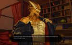 anthro clothing coat grin jewelry male ring smile solo teeth text topwear visual_novel_interface kartobes dungeons_and_dragons hasbro mythology wizards_of_the_coast authix aurak draconian dragon dragon_(dnd) gold_dragon_(dnd) mythological_creature mythological_scalie scalie absurd_res english_text hi_res