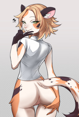 anthro anus blonde_hair bottomless butt clothed clothing female fur fur_markings genitals green_eyes hair looking_at_viewer markings presenting presenting_hindquarters shirt shirt_only solo tail topwear topwear_only vulva white_body white_fur hestid calico_cat domestic_cat felid feline felis mammal hi_res
