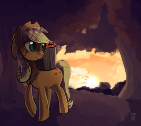 apple basket clothing container cowboy_hat cutie_mark detailed_background female feral food fruit hat headgear headwear plant quadruped solo sunset tail tree wood kohtek friendship_is_magic hasbro my_little_pony applejack_(mlp) earth_pony equid equine horse mammal pony