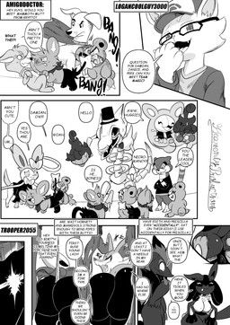 6_panel_comic ambiguous_gender angry anthro big_butt biped black_body black_butt black_eyes black_nose black_text blush bodily_fluids bone bow_ribbon breasts butt cape claws clenched_teeth closed_smile clothed clothing dialogue ellipsis exclamation_point eyebrows eyelashes eyes_closed eyewear facesitting feet female feral finger_claws floating foot_on_face fur glasses group hair hat headgear headwear inner_ear_fluff looking_at_another male melee_weapon mouth_closed nail_(weapon) one_eye_closed open_mouth open_smile paws pupils quadruped question_mark saliva sharp_teeth sitting_on_another skeleton smile speech_bubble spikes spikes_(anatomy) standing tail talking_to_another teeth text text_box toe_claws tongue tongue_out top_hat tuft weapon weapon_between_butt white_sclera heavenlyproductions hollow_knight_(franchise) nintendo pokemon team_cherry hornet_(hollow_knight) krypto animated_skeleton arthropod braixen canid canine canis domestic_dog duosion eeveelution generation_2_pokemon generation_4_pokemon generation_5_pokemon generation_6_pokemon lagomorph leporid lucario mammal pokemon_(species) pumpkaboo rabbit shinx sylveon teddiursa undead watchog zoroark 2025 absurd_res comic english_text hi_res monochrome