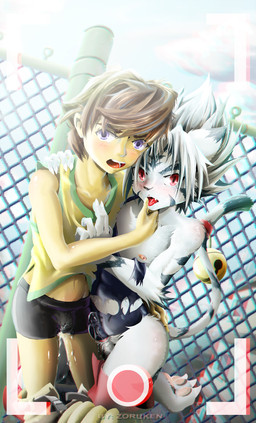 anthro balls bodily_fluids bulge camera camera_view clothed clothing cum duo femboy genital_fluids genitals human_on_anthro interspecies male male/male nipples recording torn_clothing onmyou_taisenki kogenta_(onmyou_taisenki) riku_tachibana felid human mammal pantherine tiger absurd_res hi_res