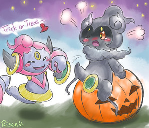 ambiguous_gender balls blush bodily_fluids dialogue duo floating_hands food fruit genital_fluids genitals handjob holidays male male/ambiguous non-euclidean_sex not_furry penile penis plant portal portal_sex precum pumpkin sex sitting_on_pumpkin text thinking_with_portals risenpaw halloween nintendo pokemon generation_6_pokemon generation_7_pokemon genie ghost hoopa hoopa_(confined) humanoid legendary_pokemon marshadow pokemon_(species) spirit english_text signature