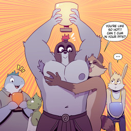 anthro armor armpit_fetish armpit_hair armpit_lick armpit_play award body_hair bottomwear bronze_(metal) brown_body brown_fur clothed clothing ellipsis eyes_closed frown fur gold_(metal) green_body green_fur green_hair grey_body grey_clothing grey_fur grey_shirt grey_topwear group hair hand_on_chest hands_above_head happy headgear helmet holding_award holding_object holding_trophy licking long_ears male male/male muscular muscular_arms nipples pec_grab pecs raised_arms shirt silver_(metal) skirt smile smiling_at_another speech_bubble text tongue tongue_out topless topless_anthro topless_male topwear trophy upset yellow_body yellow_clothing yellow_fur yellow_shirt yellow_topwear t0l0k antigonus_(t0l0k) isaac_(t0l0k) johann_(t0l0k) julian_(t0l0k) ted_(t0l0k) canid canine canis domestic_cat felid feline felis fish lagomorph leporid mammal marine procyonid rabbit raccoon shark wolf 1:1 2024 absurd_res digital_media_(artwork) english_text hi_res