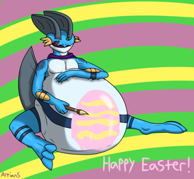 3_toes 4_fingers anthro arm_on_stomach belly belly_on_ground big_belly blue_body bodypaint brush digitigrade easter_belly feet fin fingers gills green_eyes male male_pred markings one_eye_closed paintbrush painted_belly pattern_background scarf simple_background sitting solo striped_background striped_body striped_markings stripes toes tongue tongue_out vore white_belly white_body artians nintendo pokemon sir_pemberton_s_crevalius_(character) generation_3_pokemon pokemon_(species) swampert absurd_res digital_media_(artwork) hi_res