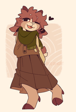 ambiguous_gender anthro autumn bottomwear brown_body brown_fur clothed clothed_anthro clothing fur heart_symbol hooves long_skirt scarf skirt smile solo ruedeath rowan_(ruedeath) bovid caprine goat mammal 2025 hi_res nonbinary_(lore)