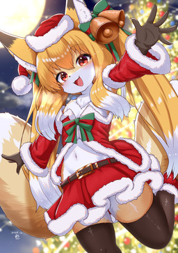 2_tails accessory anthro armwear blonde_hair bottomwear bow_ribbon breasts brown_clothing brown_ear_tips brown_gloves brown_handwear brown_legwear brown_thigh_highs christmas_clothing christmas_headwear claws clothing countershade_torso countershading cute_fangs detached_sleeves dipstick_ears dipstick_tail ear_markings fangs female footwear gloves green_bow hair hair_accessory hair_bell hair_bow hair_ribbon handwear hat headgear headwear holidays inner_ear_fluff kemono legwear long_hair long_sleeves looking_at_viewer markings midriff multi_tail multicolored_ears multicolored_hair navel neck_tuft open_mouth open_smile red_bottomwear red_clothing red_eyes red_footwear red_hat red_headwear red_shoes red_skirt red_sleeves red_topwear red_vest ribbons santa_hat shoes skirt small_breasts smile solo tail tail_markings teeth thigh_highs topwear tuft twintails_(hairstyle) two_tone_hair vest white_body white_countershading white_hair white_inner_ear_fluff white_tail_tip yellow_body horokusa0519 christmas nio_(horokusa) canid canine fox mammal hi_res