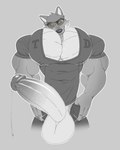 anthro balls big_balls big_pecs big_penis bodily_fluids claws clothing erection eyebrows eyewear fangs genital_fluids genitals glasses grey_background head_tuft huge_moobs huge_pecs humanoid_genitalia humanoid_penis licking looking_at_viewer male male_anthro muscular muscular_anthro muscular_male pecs penis precum saliva sharp_teeth simple_background smile solo teeth tongue tongue_out tuft yellow_sclera wolfiecanem dreamworks the_bad_guys mr._wolf_(the_bad_guys) canid canine canis mammal wolf 2022 4:5 greyscale hi_res monochrome