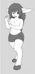 anthro barefoot big_ears biped bottomwear bras_d'honneur clothed clothing feet gesture grey_background hair long_hair looking_at_viewer male navel shorts simple_background solo tight_clothing topless walking vulapa vulapa_y_taljeek kalapean lagomorph mammal flat_colors greyscale monochrome