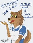 anthro black_nose brown_body brown_fur cheek_tuft claws clothing facial_tuft fangs female finger_claws fur green_eyes inner_ear_fluff maid_uniform neck_tuft open_mouth solo teeth text tongue tuft uniform fleshslinky nicole_(fleshslinky) canid canine canis mammal wolf hi_res