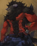 5_fingers abs anthro belt biceps big_muscles biped black_body black_fur black_hair black_nose body_hair bottomwear chest_hair chest_tuft claws clothed clothing fingers fur hair happy_trail horn male muscular muscular_anthro muscular_male pants pecs pose red_body red_skin solo standing tail topless tuft rpbbw demon